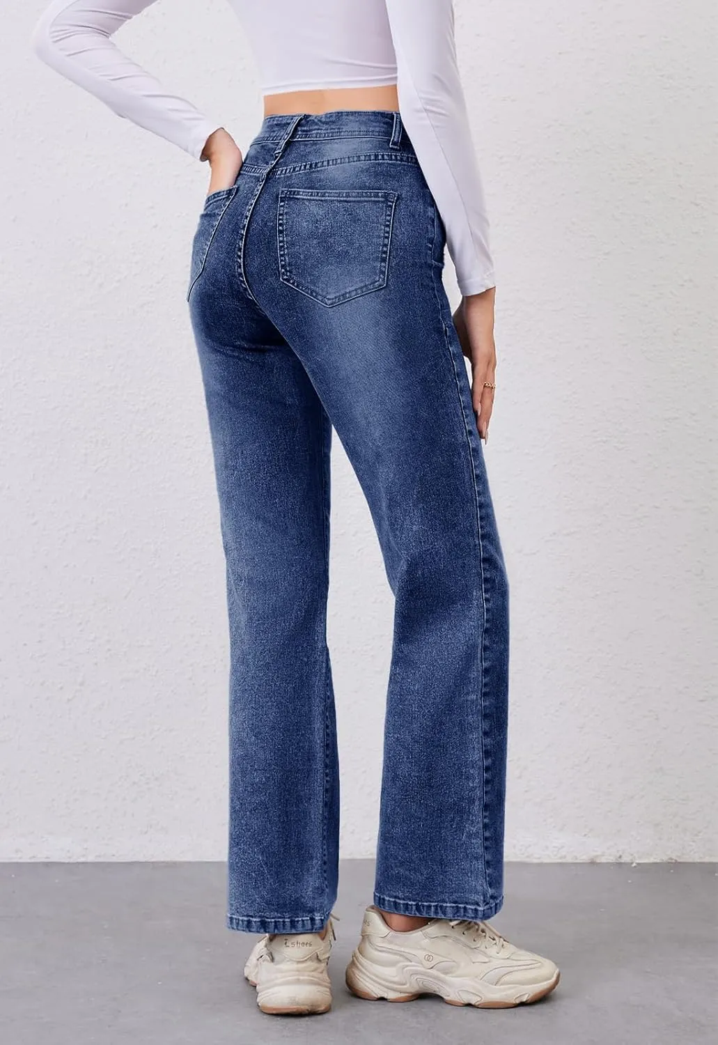Women's High Waist Jeans Straight Leg Jeans Casual Distressed Stretchy Denim Pants with Pockets
