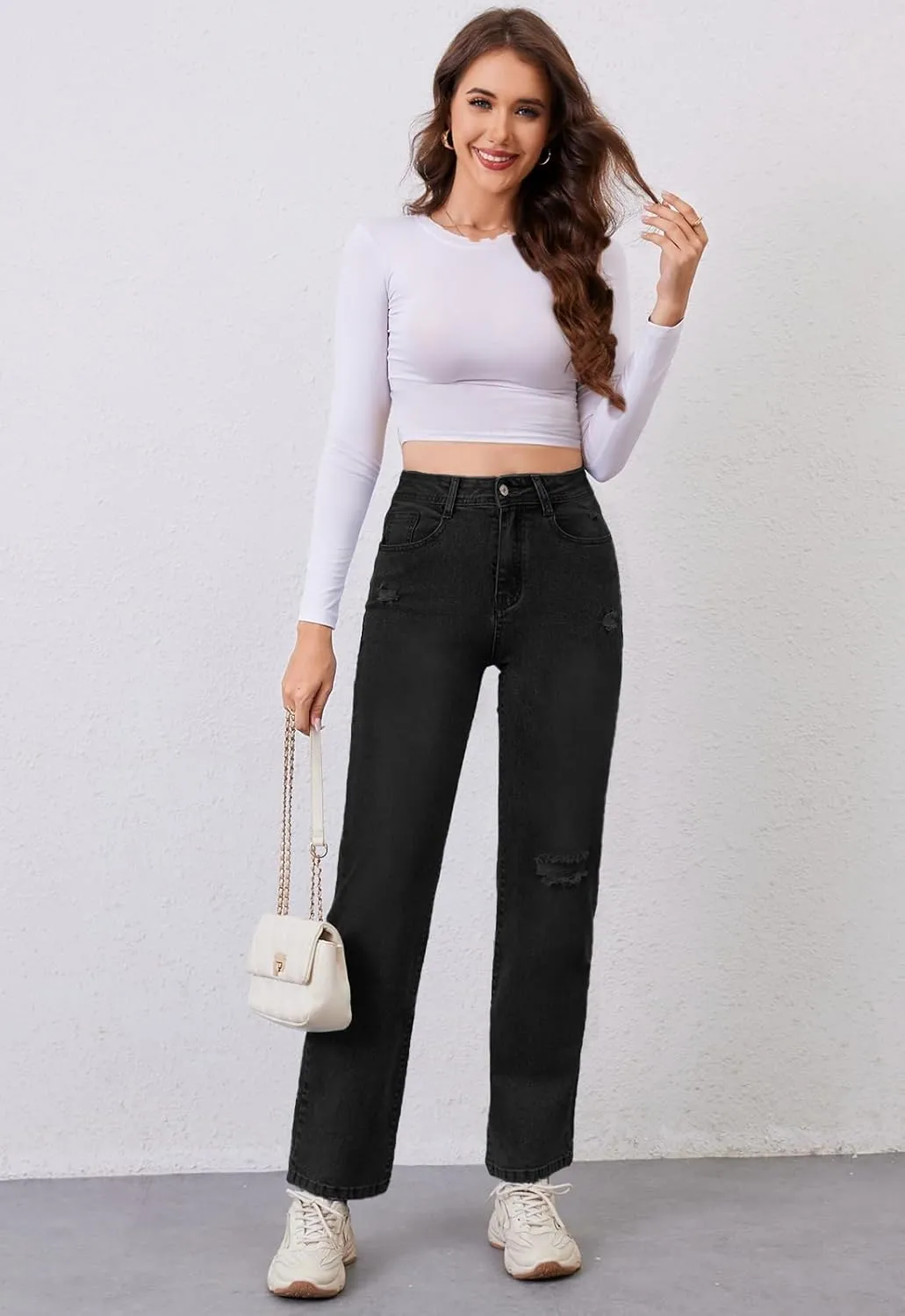 Women's High Waist Jeans Straight Leg Jeans Casual Distressed Stretchy Denim Pants with Pockets