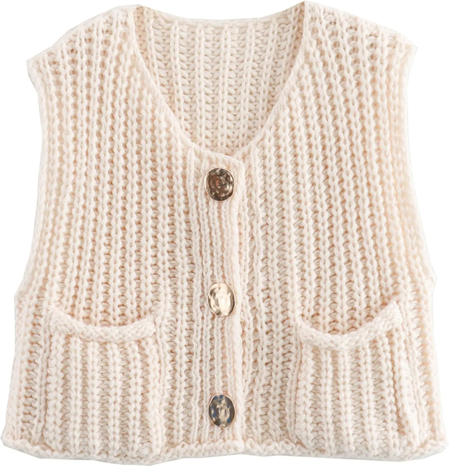 Womens Knit Vest Tops Sleeveless Cropped Chunky Sweater Vests Botton Down Lightweight Cardigan with Pockets