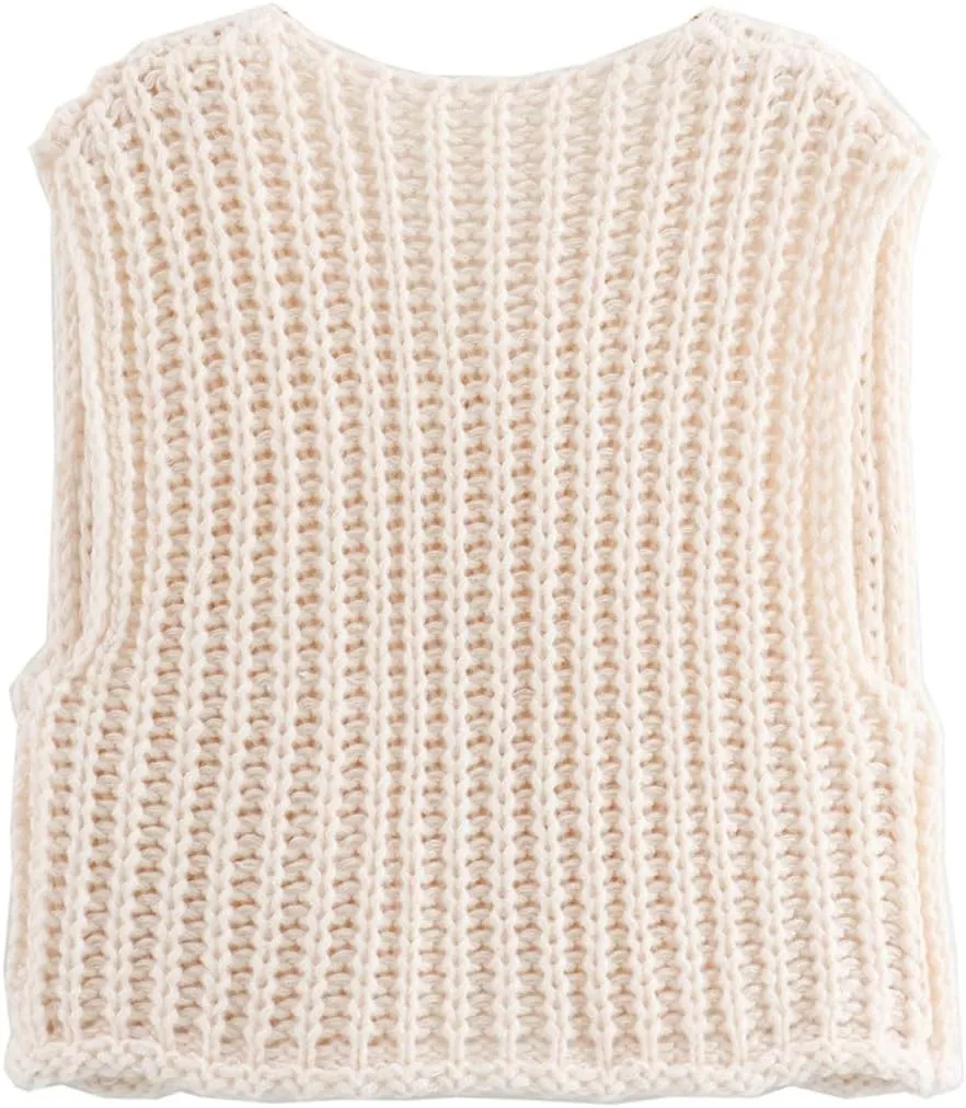 Womens Knit Vest Tops Sleeveless Cropped Chunky Sweater Vests Botton Down Lightweight Cardigan with Pockets