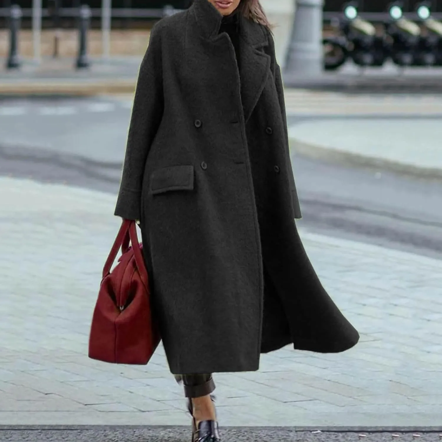 Womens Long Pea Coats Wool Blend Ankle Length Business Casual Trench Coats Long Sleeve Open Front Dressy Jackets