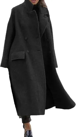 Womens Long Pea Coats Wool Blend Ankle Length Business Casual Trench Coats Long Sleeve Open Front Dressy Jackets