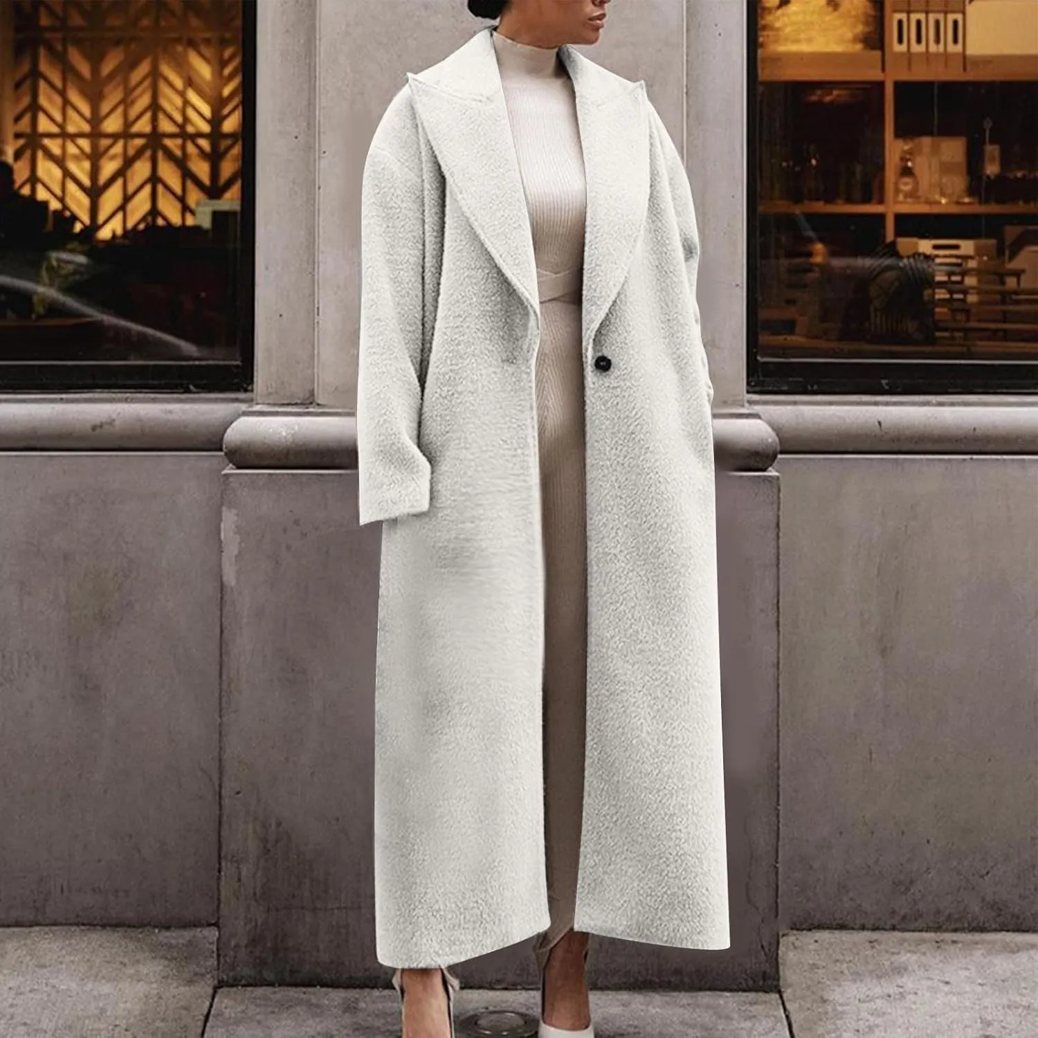 Womens Long Pea Coats Wool Blend Ankle Length Business Casual Trench Coats Long Sleeve Open Front Dressy Jackets