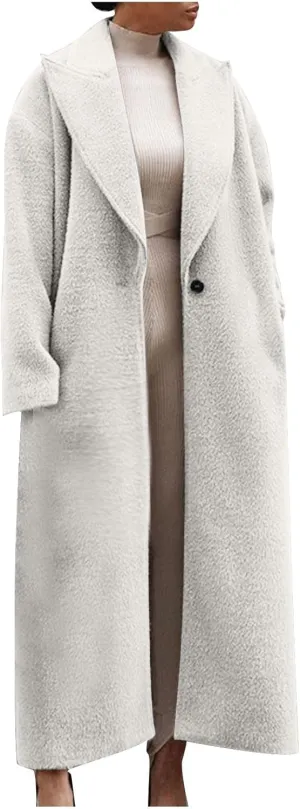 Womens Long Pea Coats Wool Blend Ankle Length Business Casual Trench Coats Long Sleeve Open Front Dressy Jackets