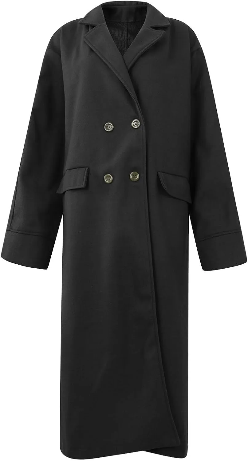 Womens Long Pea Coats Wool Blend Ankle Length Business Casual Trench Coats Long Sleeve Open Front Dressy Jackets