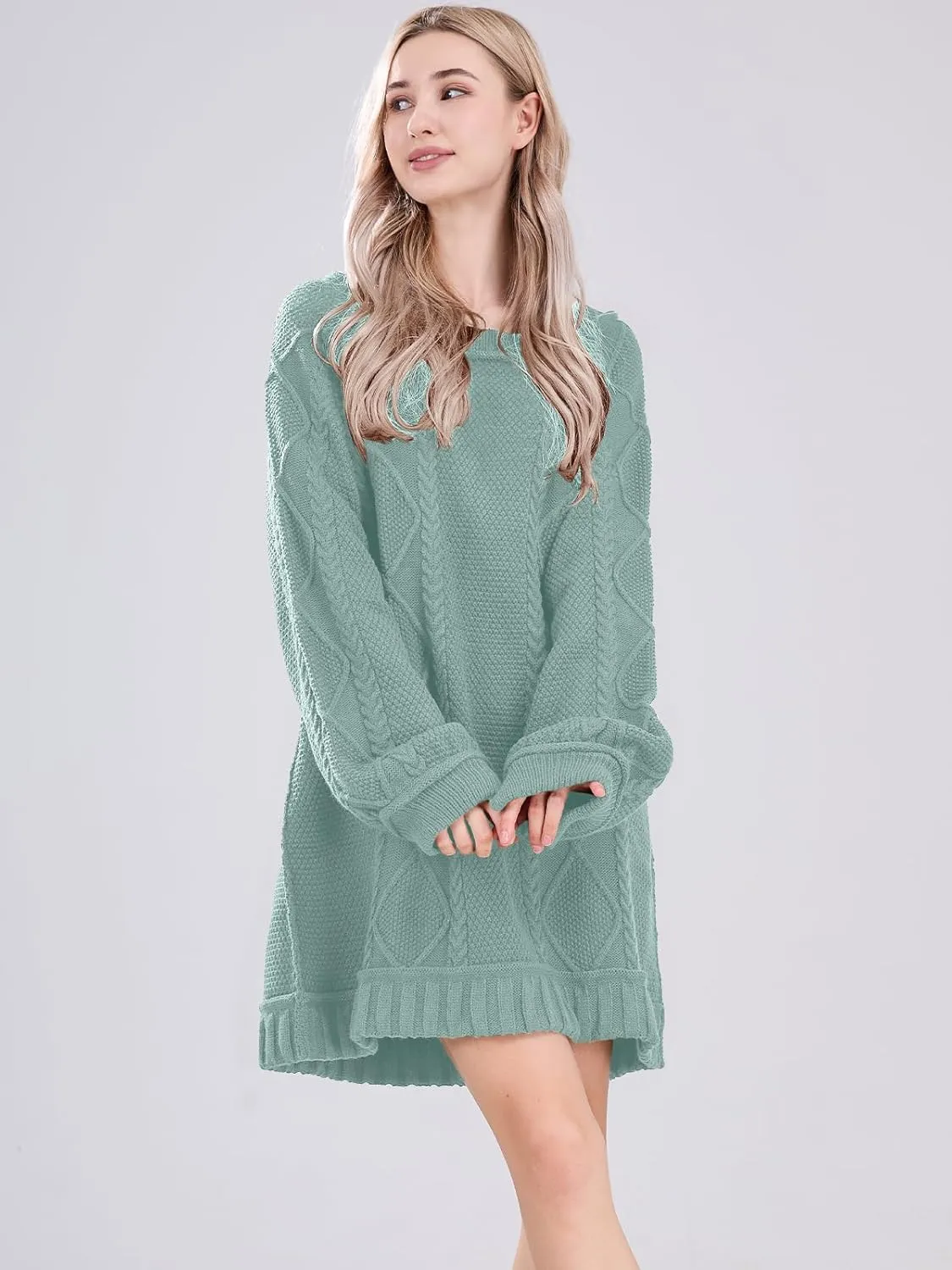 Womens Long Sleeve Pullover Oversized Cable Knit Chunky Mini Sweater Dress Fall Winter Trendy Outfits