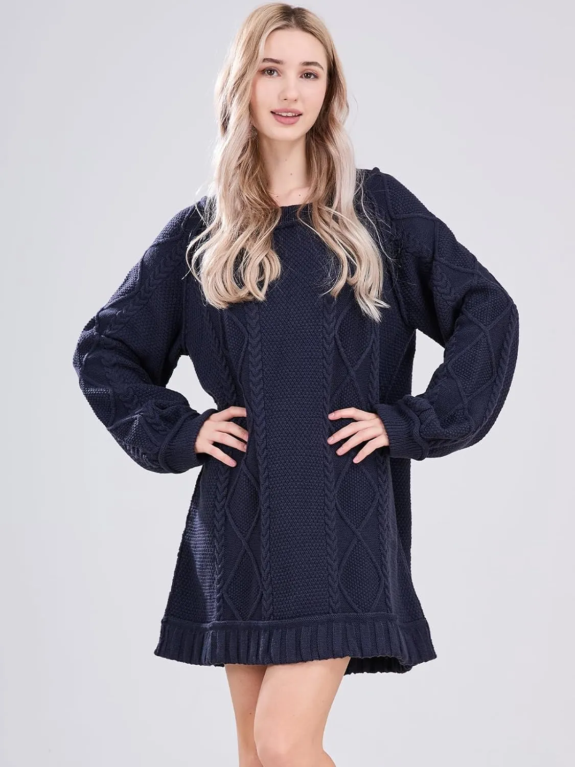 Womens Long Sleeve Pullover Oversized Cable Knit Chunky Mini Sweater Dress Fall Winter Trendy Outfits