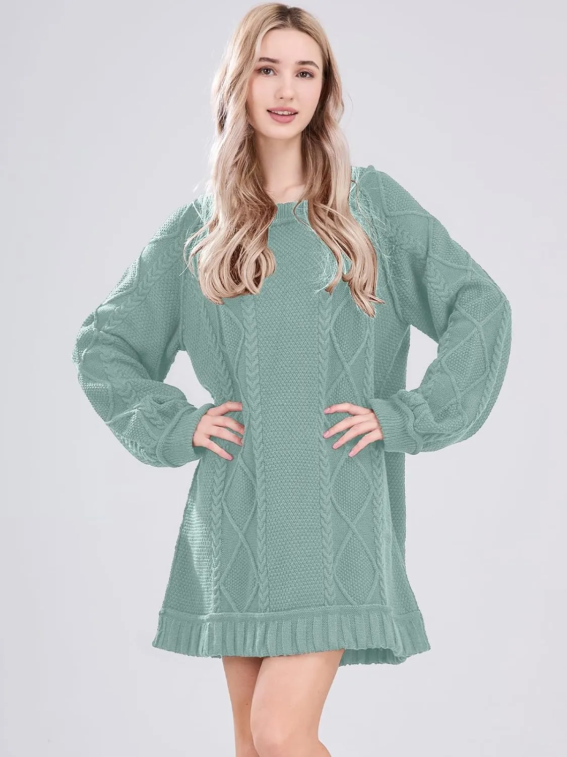 Womens Long Sleeve Pullover Oversized Cable Knit Chunky Mini Sweater Dress Fall Winter Trendy Outfits