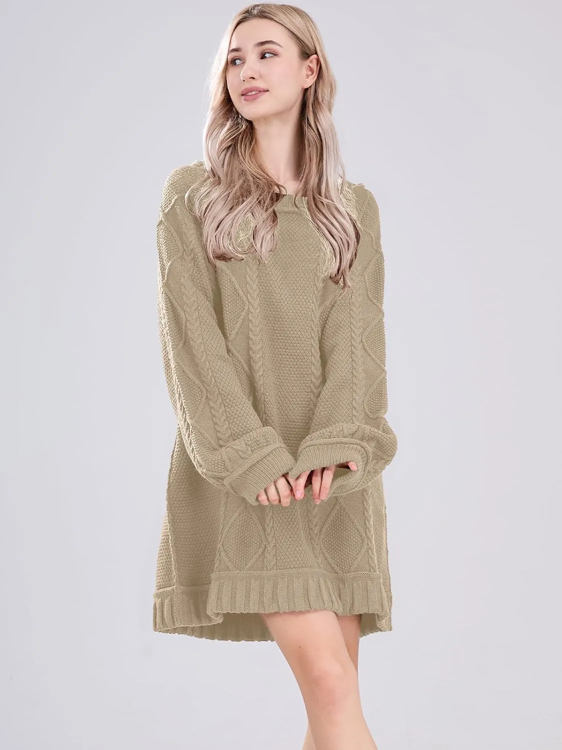 Womens Long Sleeve Pullover Oversized Cable Knit Chunky Mini Sweater Dress Fall Winter Trendy Outfits