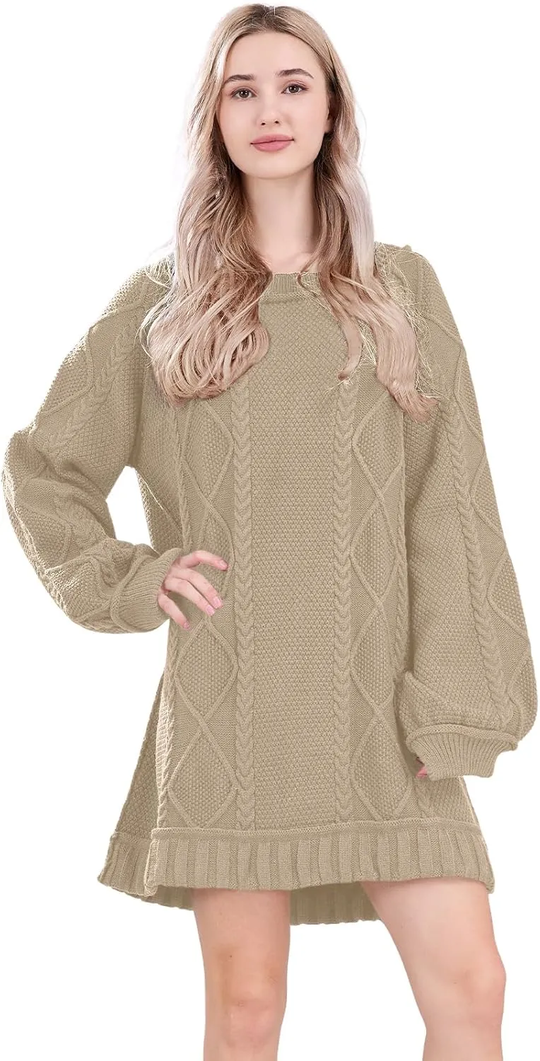 Womens Long Sleeve Pullover Oversized Cable Knit Chunky Mini Sweater Dress Fall Winter Trendy Outfits