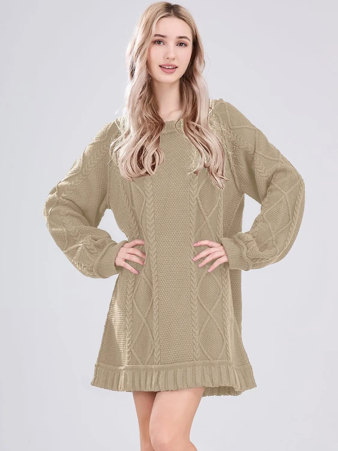 Womens Long Sleeve Pullover Oversized Cable Knit Chunky Mini Sweater Dress Fall Winter Trendy Outfits