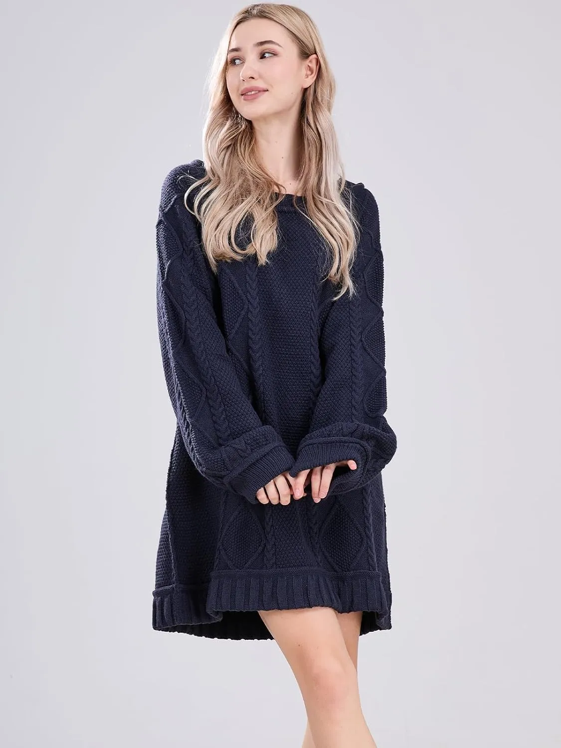 Womens Long Sleeve Pullover Oversized Cable Knit Chunky Mini Sweater Dress Fall Winter Trendy Outfits