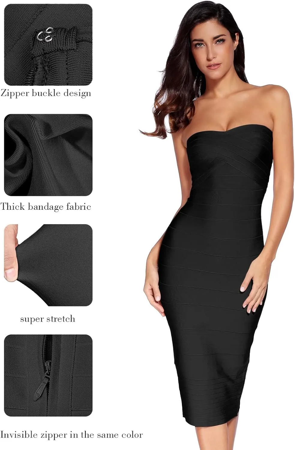 Women's Midi Cocktail Dresses Strapless Bandage Bodycon Dress Wedding Party Dress