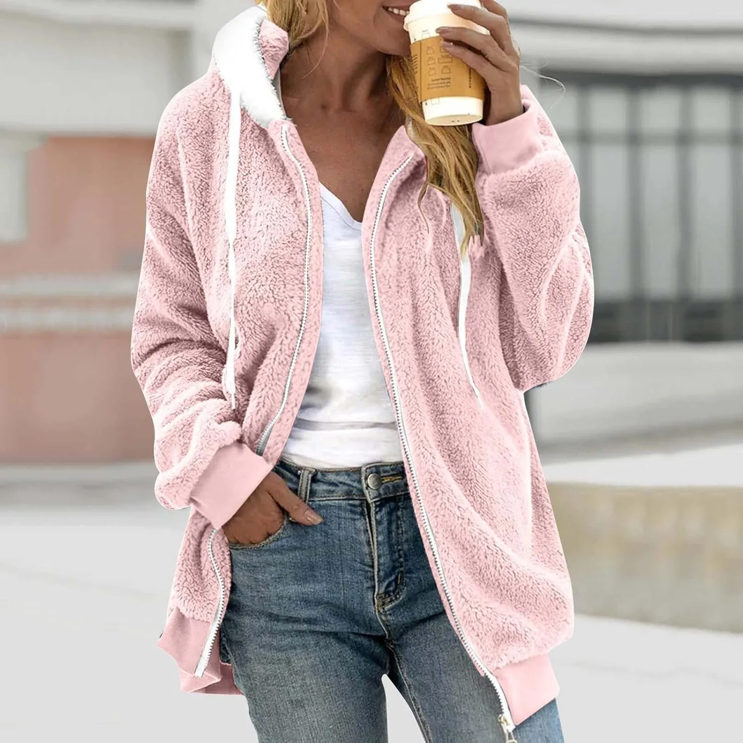 Womens Oversized Zip Up Coat Fuzzy Fleece Sherpa Lined Jacket with Pockets Hoodie Pullover Tops Sherpa Jacket