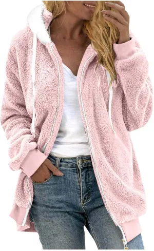 Womens Oversized Zip Up Coat Fuzzy Fleece Sherpa Lined Jacket with Pockets Hoodie Pullover Tops Sherpa Jacket