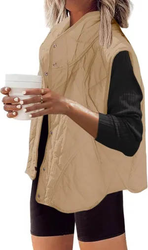 Womens Quilted Vest Cropped Puffer Vest Outerwear Stand Collar Button Down Padded Oversized Gilet with Pockets