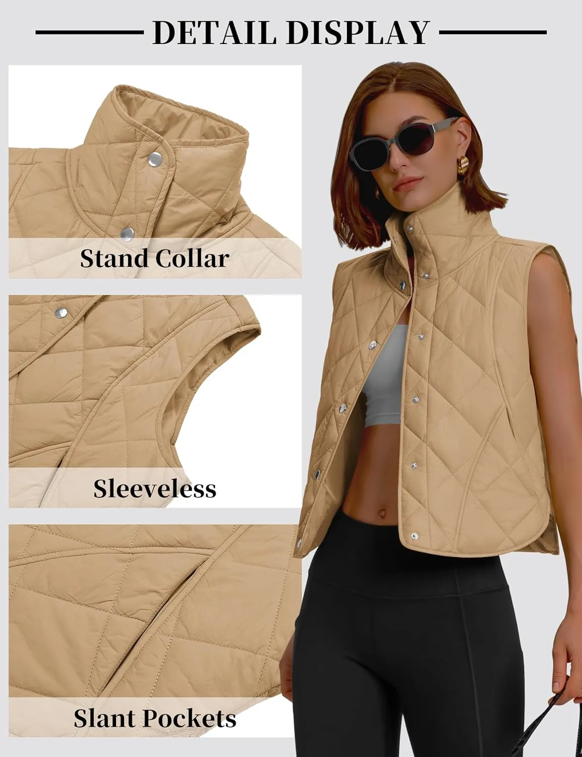 Womens Quilted Vest Cropped Puffer Vest Outerwear Stand Collar Button Down Padded Oversized Gilet with Pockets