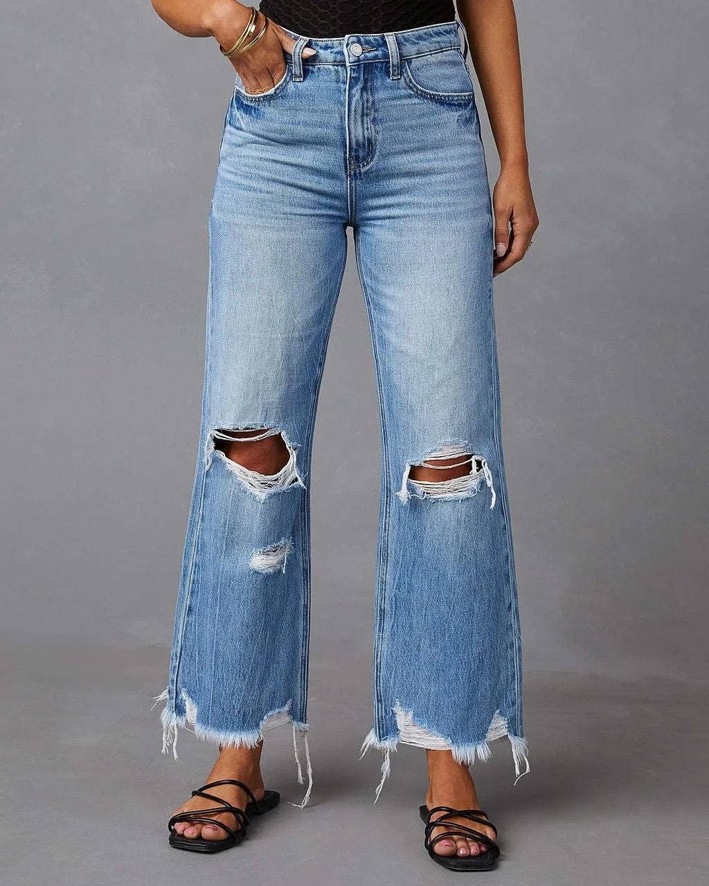 Women's Ripped Jeans High Waist Straight Leg Distressed Baggy Jeans Wide Leg High Waist Loose Denim Pants