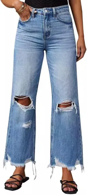 Women's Ripped Jeans High Waist Straight Leg Distressed Baggy Jeans Wide Leg High Waist Loose Denim Pants