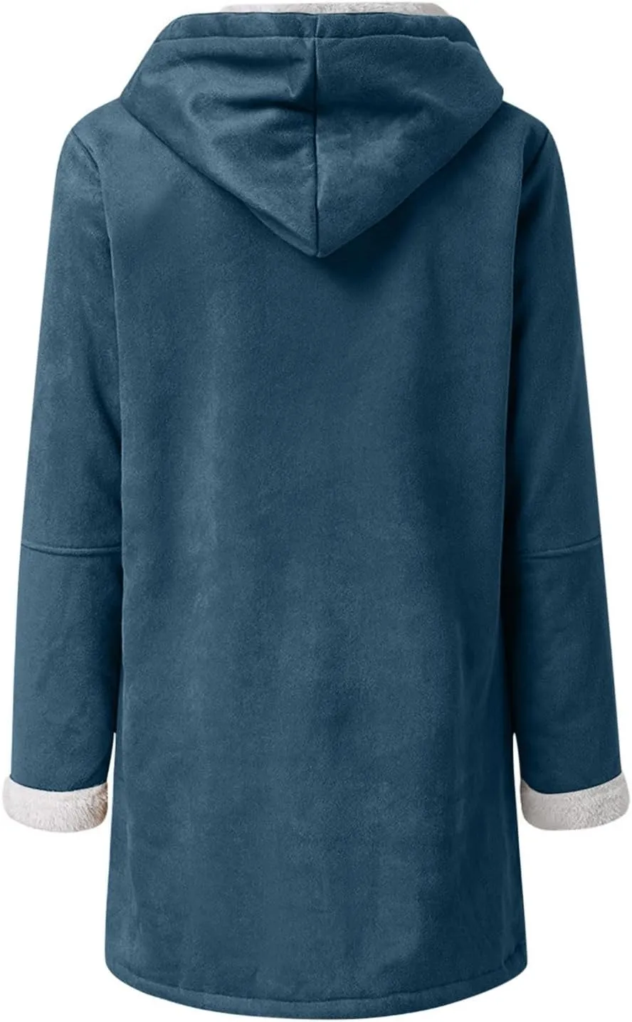 Womens Sherpa Lined Jackets Fashion Winter Fuzzy Fleece Hoodie Sweatshirt Casual Soft Cozy Horn Button Down Coats
