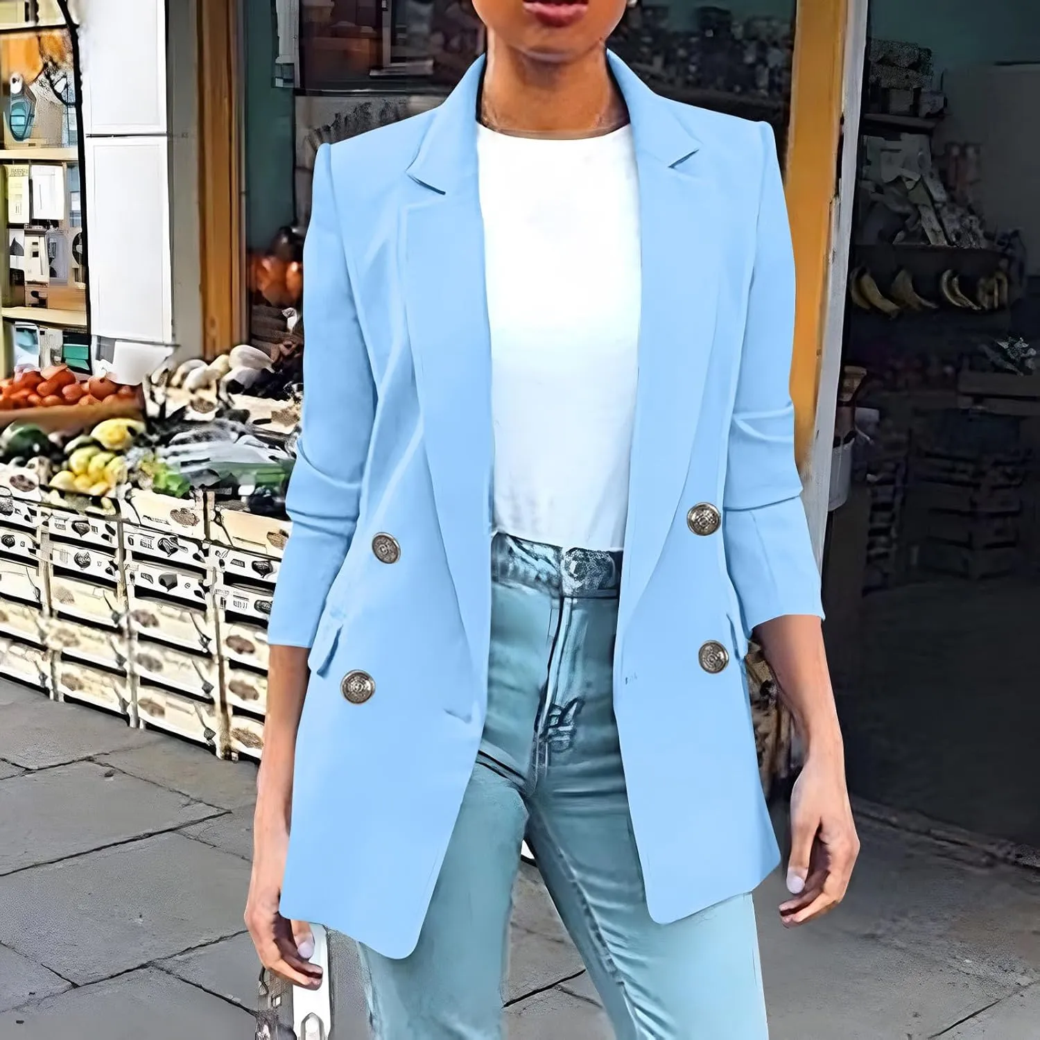 Womens Solid Color Casual Long Sleeve Lapel Double Breasted Open Front Blazer Jacket Lady Business Work Suit Jacket