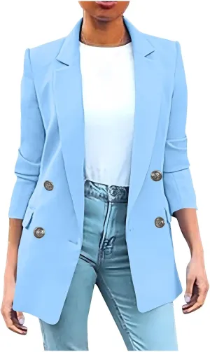 Womens Solid Color Casual Long Sleeve Lapel Double Breasted Open Front Blazer Jacket Lady Business Work Suit Jacket
