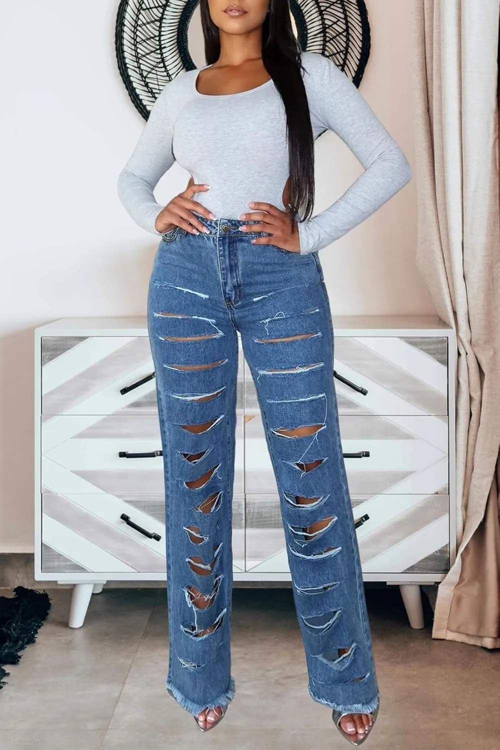 Women's Straight Leg High Waist Baggy Denim Jeans Loose Boyfriend Casual Stretchy Jeans