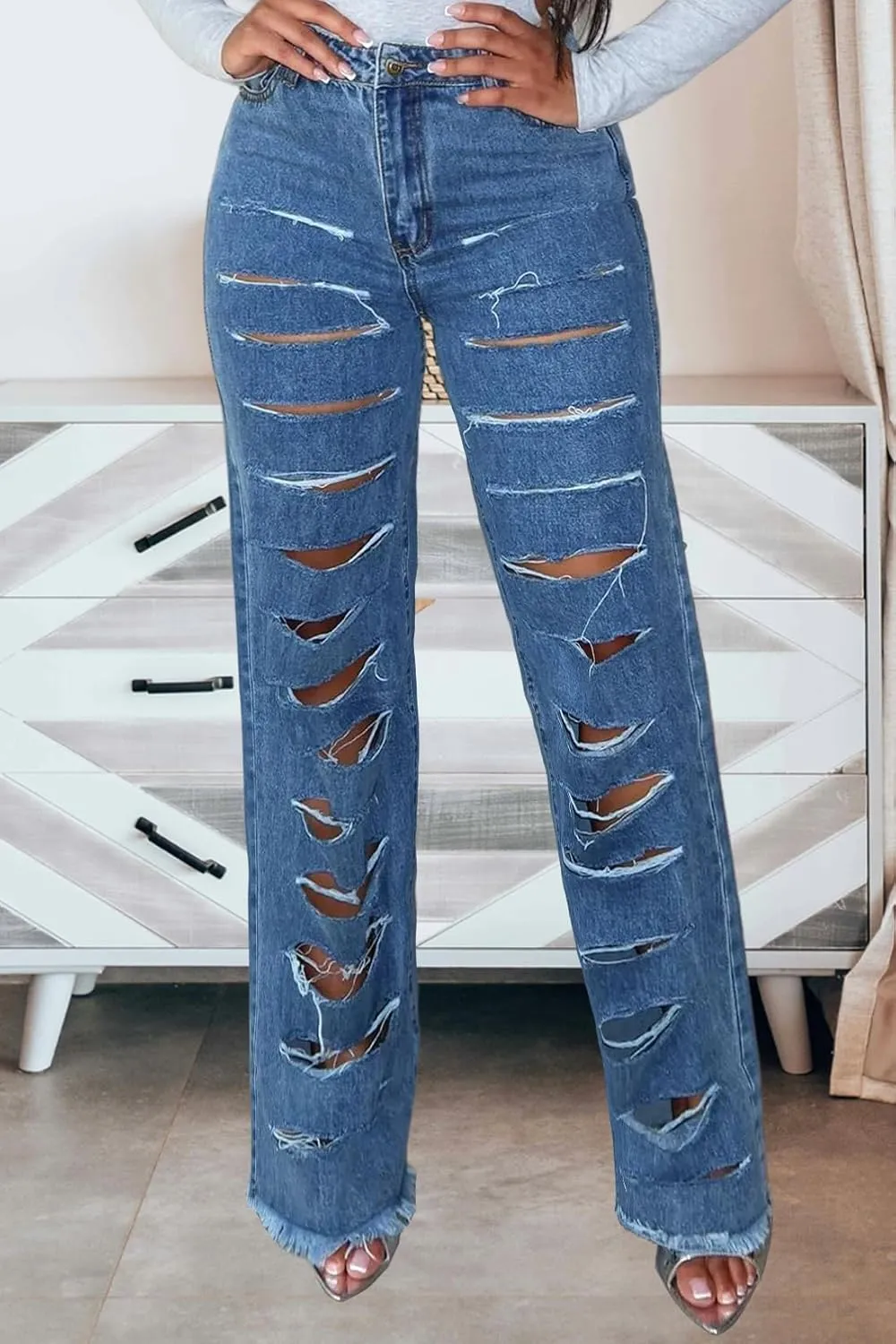 Women's Straight Leg High Waist Baggy Denim Jeans Loose Boyfriend Casual Stretchy Jeans