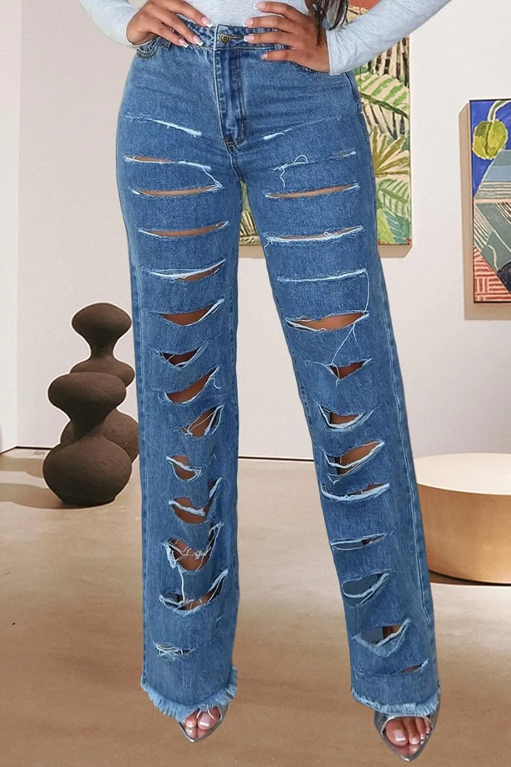 Women's Straight Leg High Waist Baggy Denim Jeans Loose Boyfriend Casual Stretchy Jeans