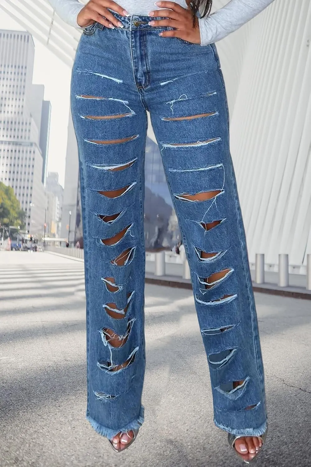 Women's Straight Leg High Waist Baggy Denim Jeans Loose Boyfriend Casual Stretchy Jeans