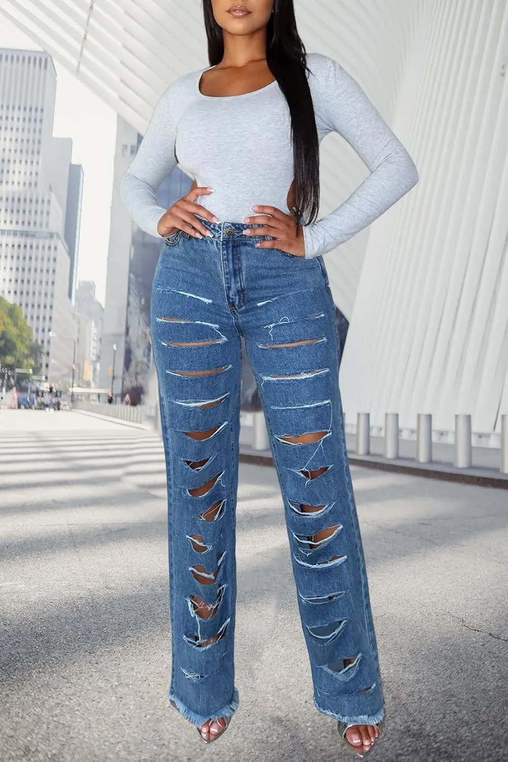 Women's Straight Leg High Waist Baggy Denim Jeans Loose Boyfriend Casual Stretchy Jeans