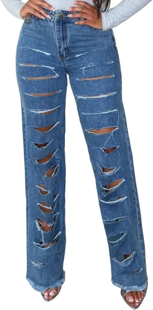 Women's Straight Leg High Waist Baggy Denim Jeans Loose Boyfriend Casual Stretchy Jeans