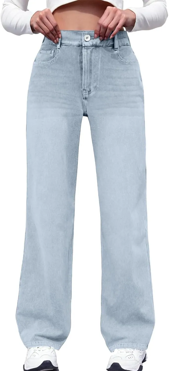 Womens Straight Leg Jeans Elastic High Waisted Boyfriend Jeans Trendy Streetwear Denim Trousers Cute Cowgirl Pants