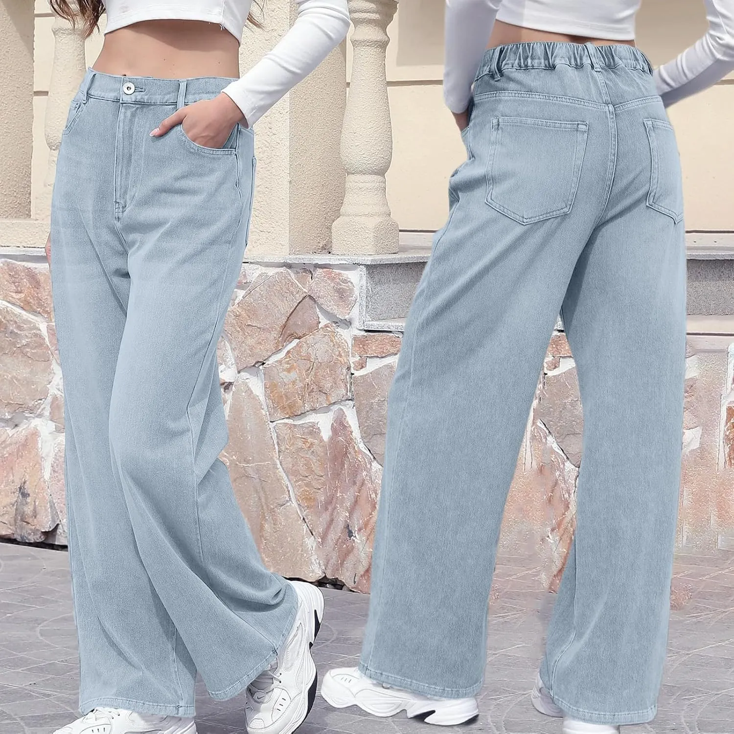Womens Straight Leg Jeans Elastic High Waisted Boyfriend Jeans Trendy Streetwear Denim Trousers Cute Cowgirl Pants