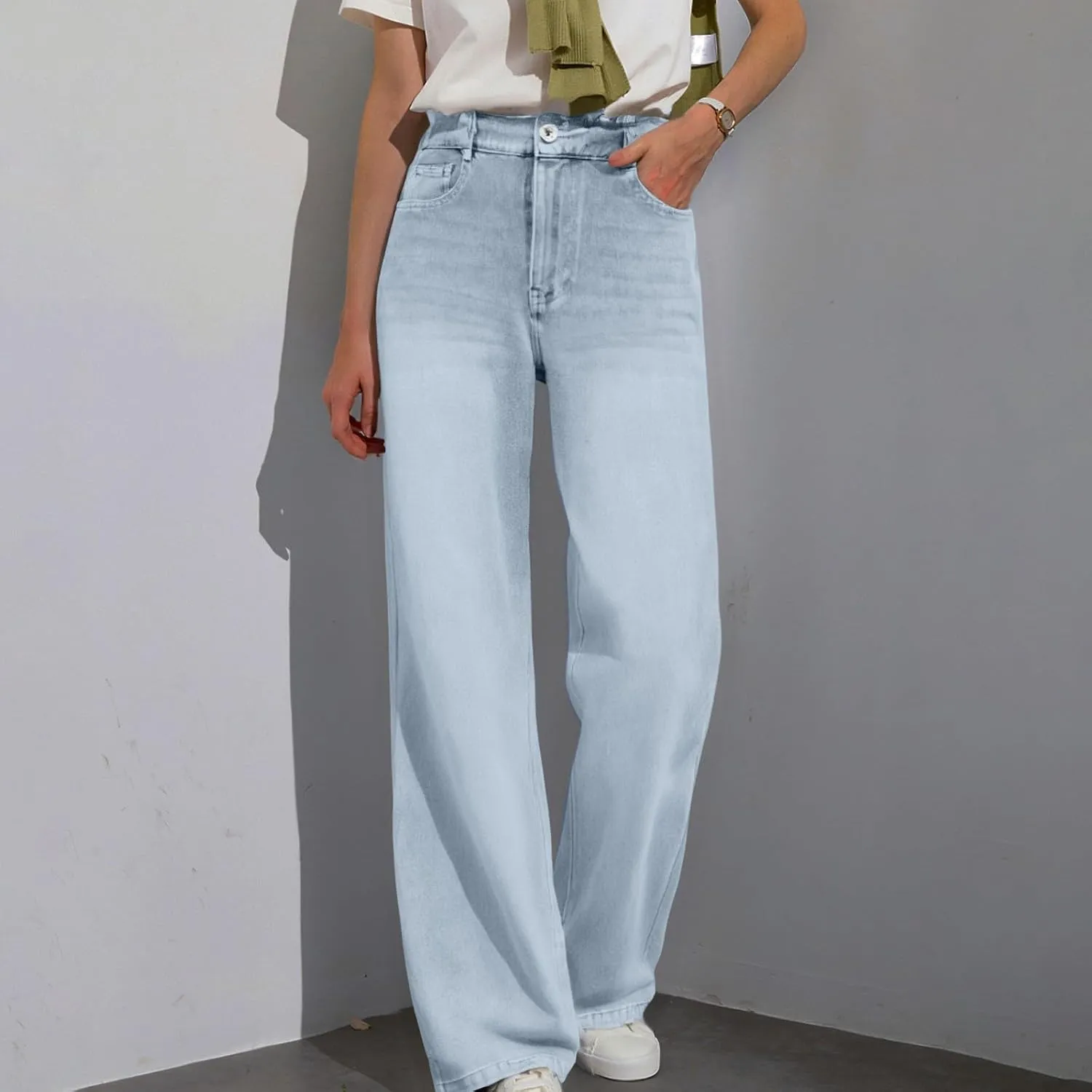 Womens Straight Leg Jeans Elastic High Waisted Boyfriend Jeans Trendy Streetwear Denim Trousers Cute Cowgirl Pants
