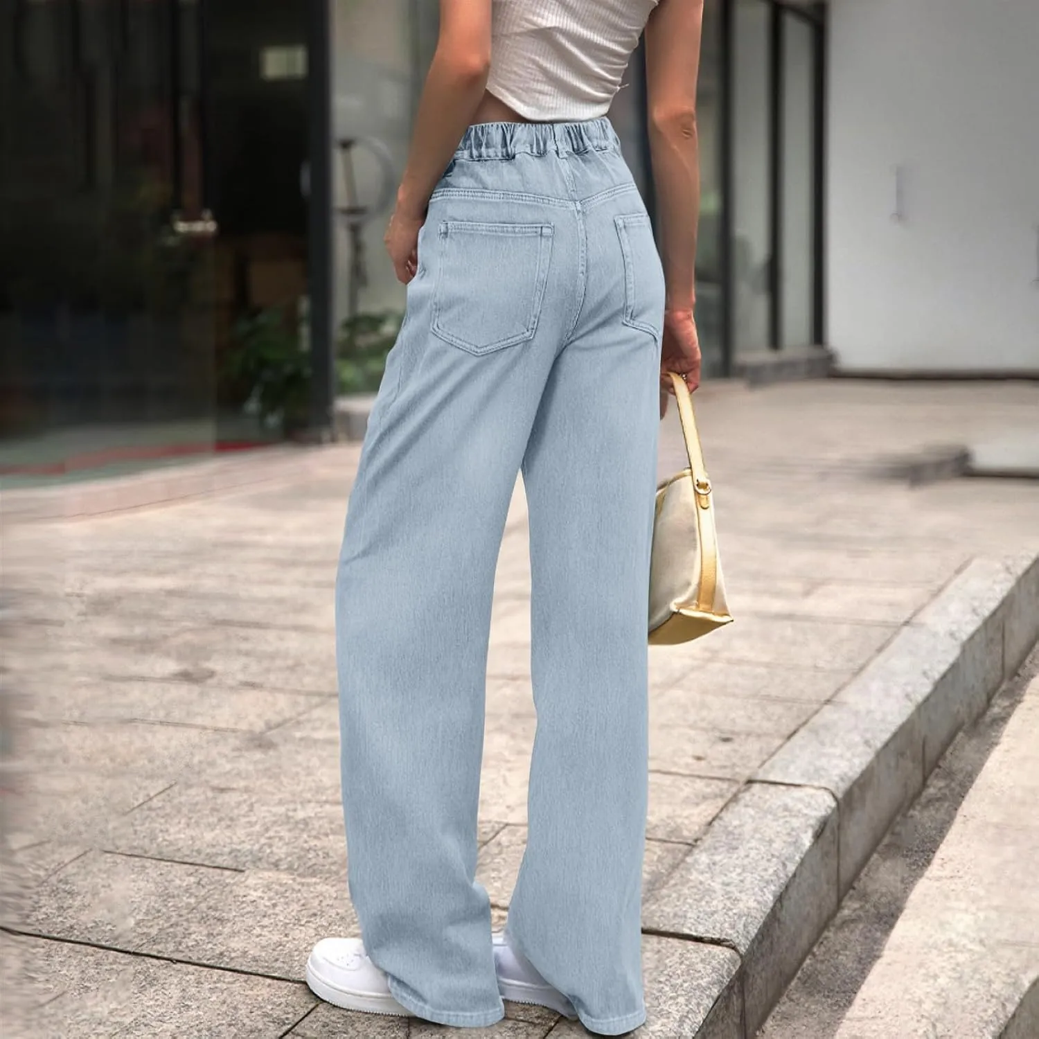 Womens Straight Leg Jeans Elastic High Waisted Boyfriend Jeans Trendy Streetwear Denim Trousers Cute Cowgirl Pants