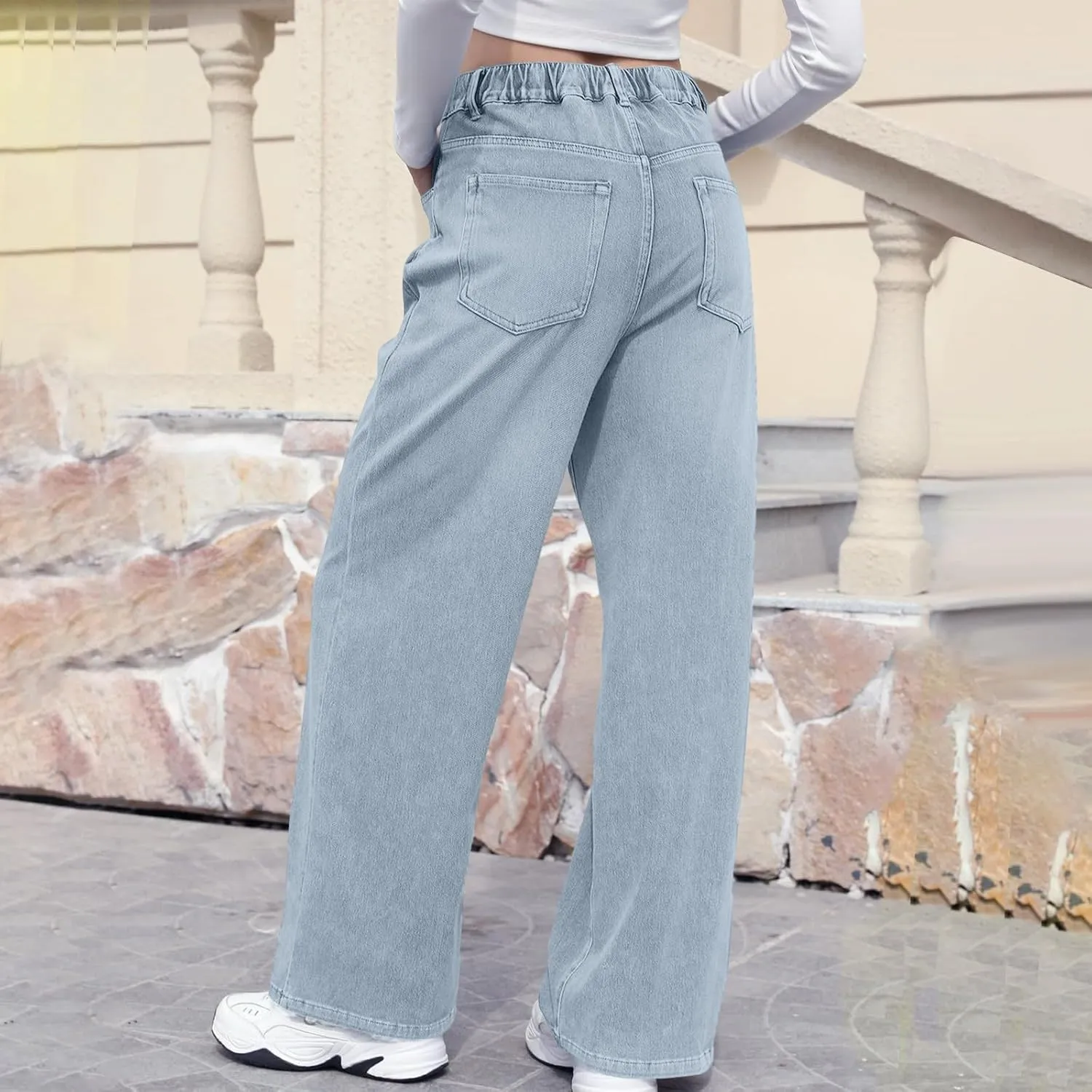 Womens Straight Leg Jeans Elastic High Waisted Boyfriend Jeans Trendy Streetwear Denim Trousers Cute Cowgirl Pants
