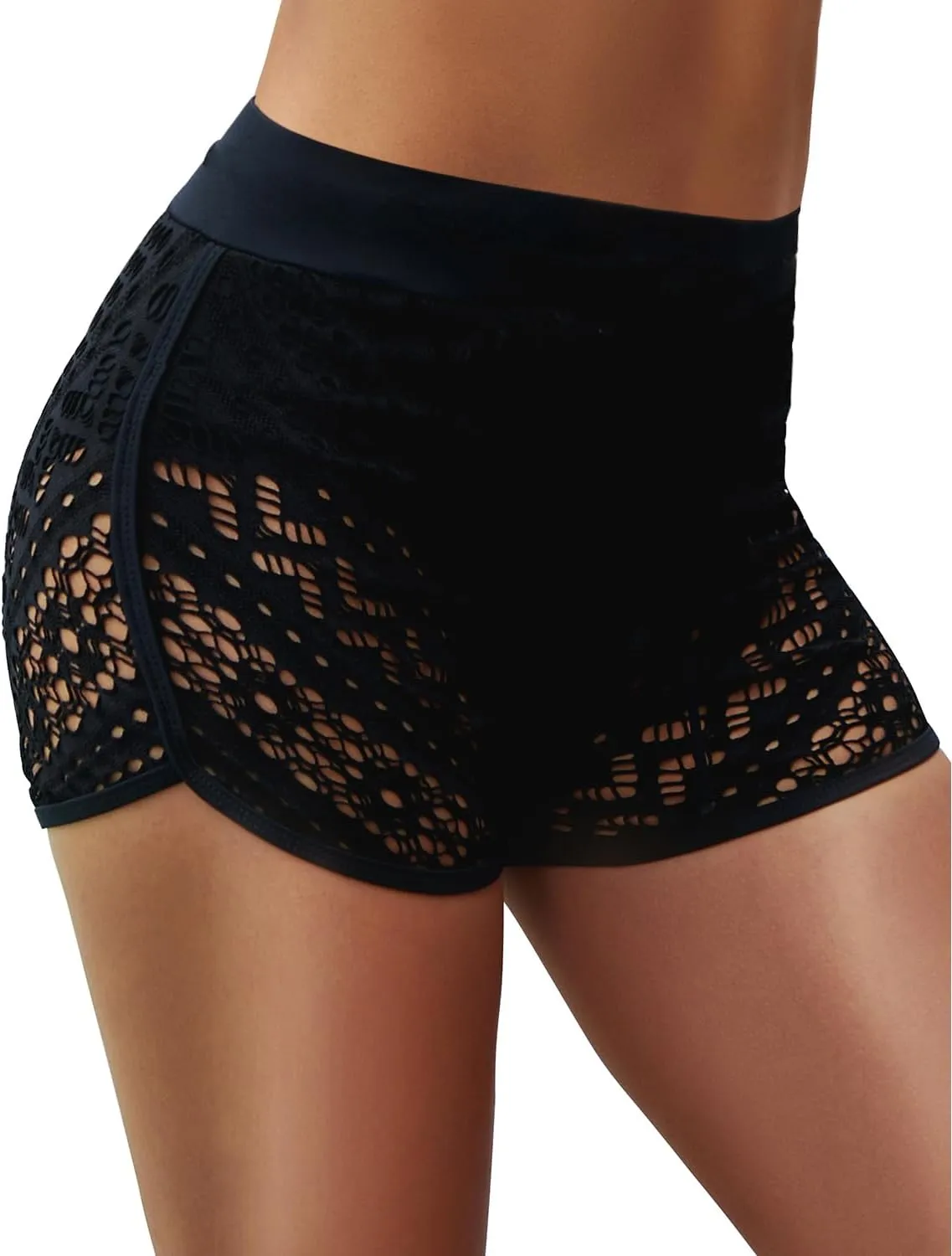 Women's Swim Shorts Waistband Swimsuit Bottom Board Shorts Lace Hollow Swimming