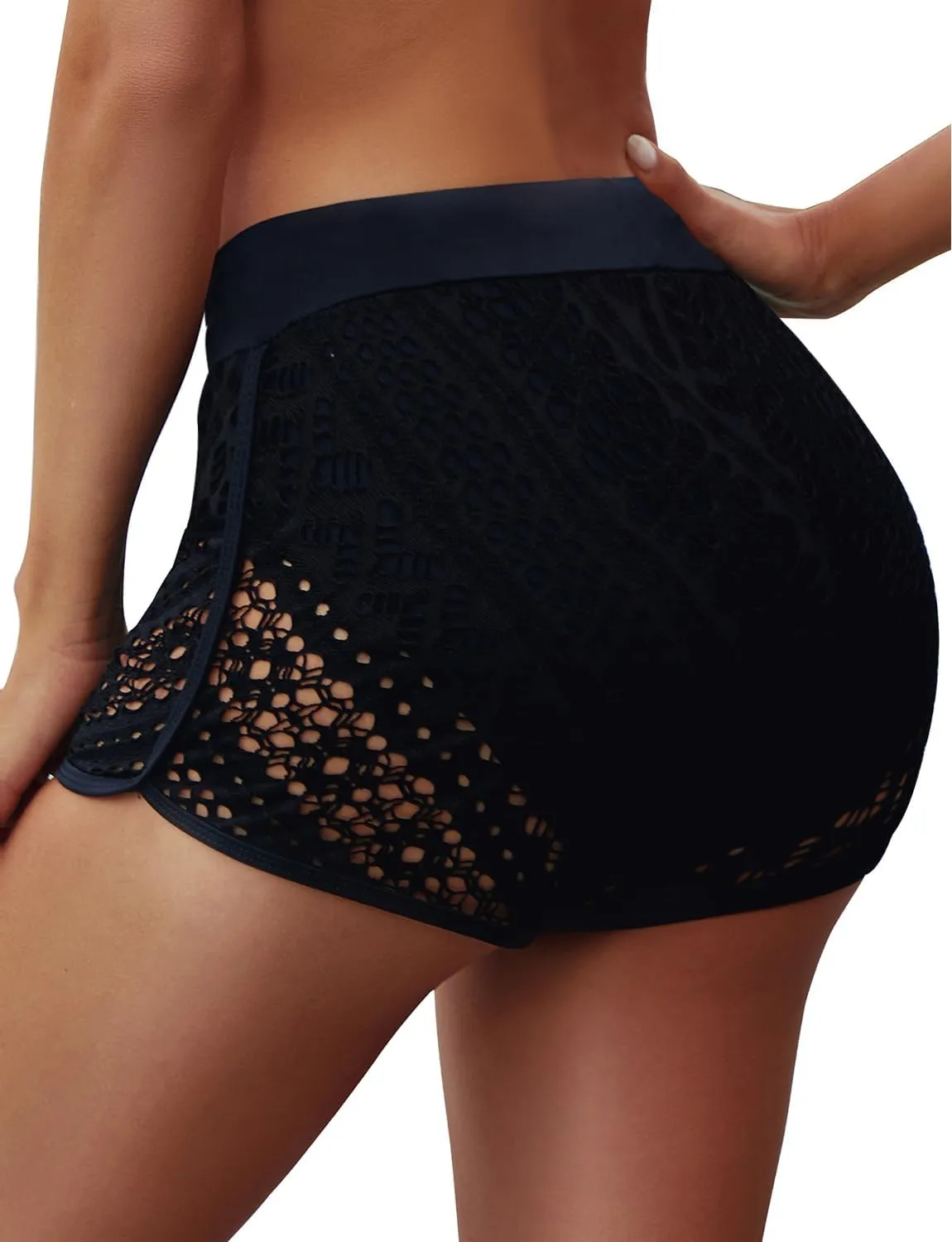 Women's Swim Shorts Waistband Swimsuit Bottom Board Shorts Lace Hollow Swimming