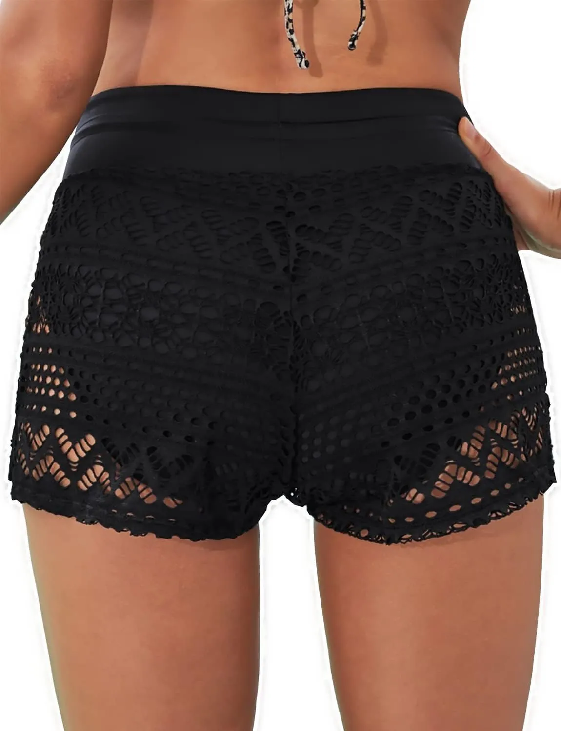 Women's Swim Shorts Waistband Swimsuit Bottom Board Shorts Lace Hollow Swimming