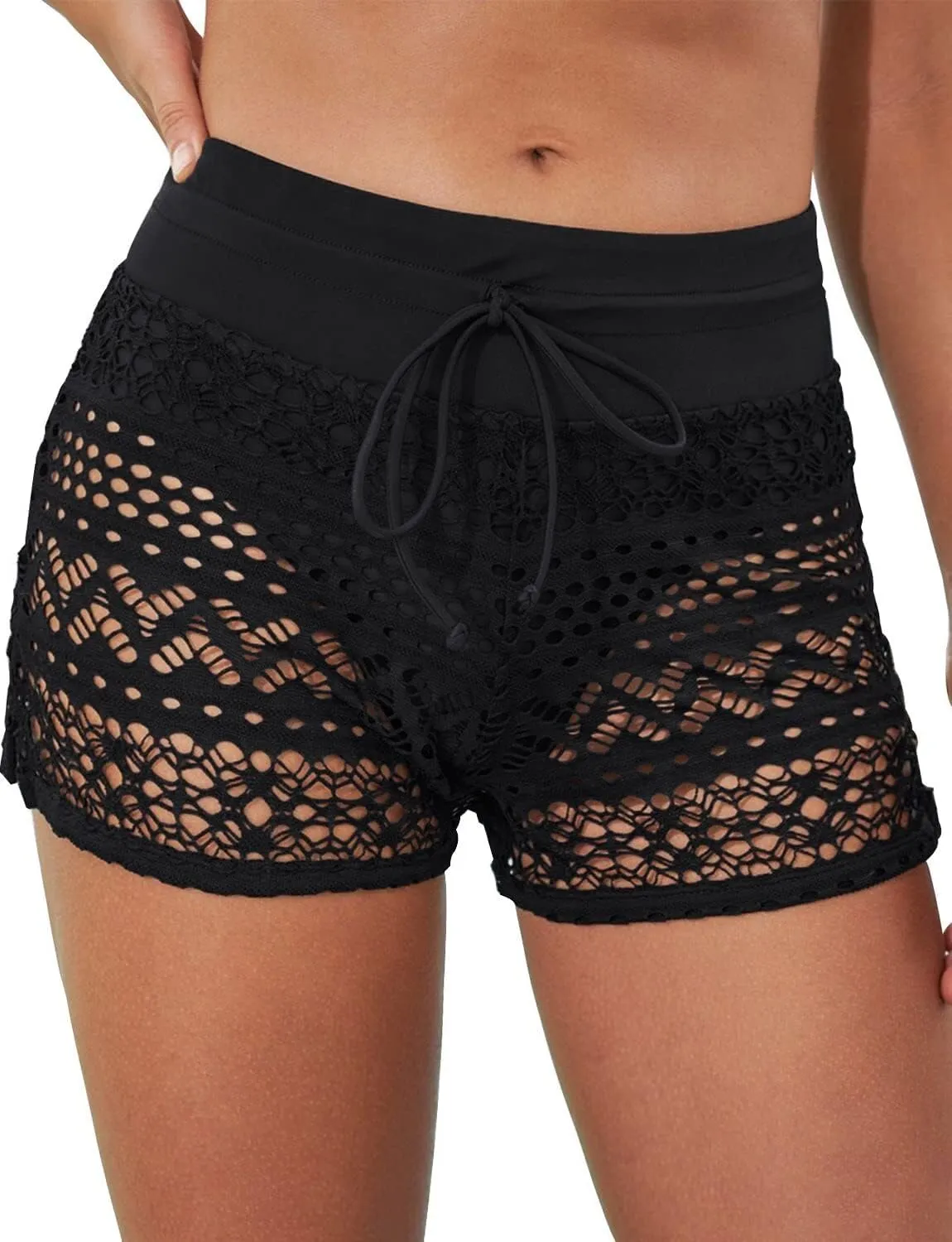 Women's Swim Shorts Waistband Swimsuit Bottom Board Shorts Lace Hollow Swimming