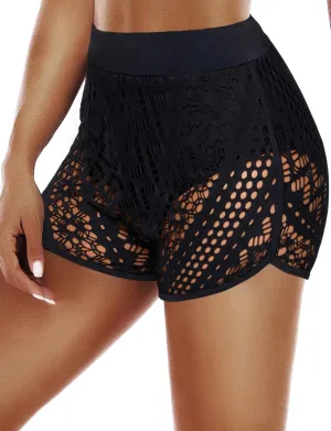 Women's Swim Shorts Waistband Swimsuit Bottom Board Shorts Lace Hollow Swimming
