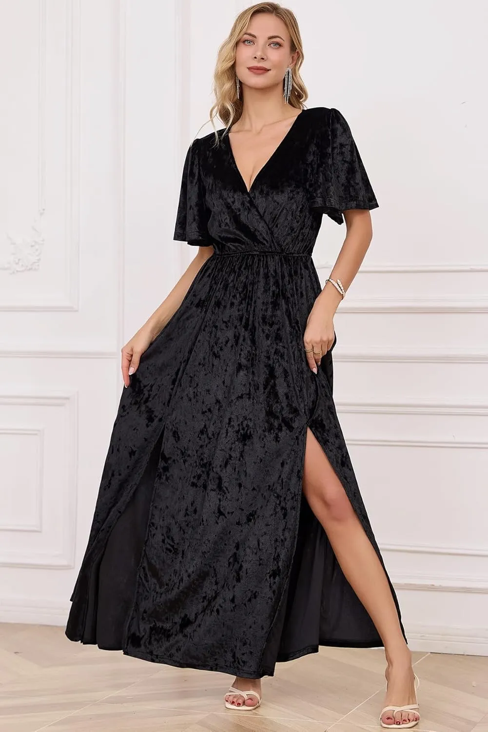 Women's V Neck Tie Strap Embroidered Lace Maxi Wedding Dress Boho Sleeveless V-Back Wedding Guest Party Dresses