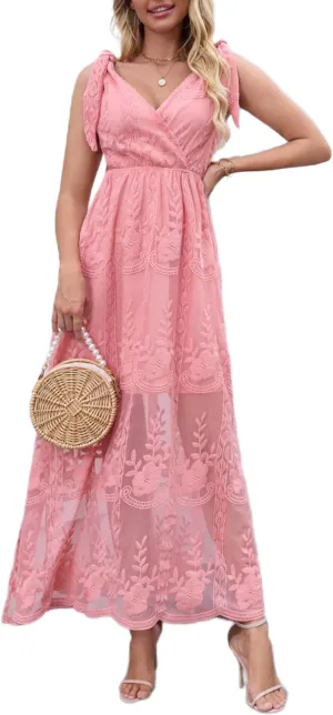 Women's V Neck Tie Strap Embroidered Lace Maxi Wedding Dress Boho Sleeveless V-Back Wedding Guest Party Dresses