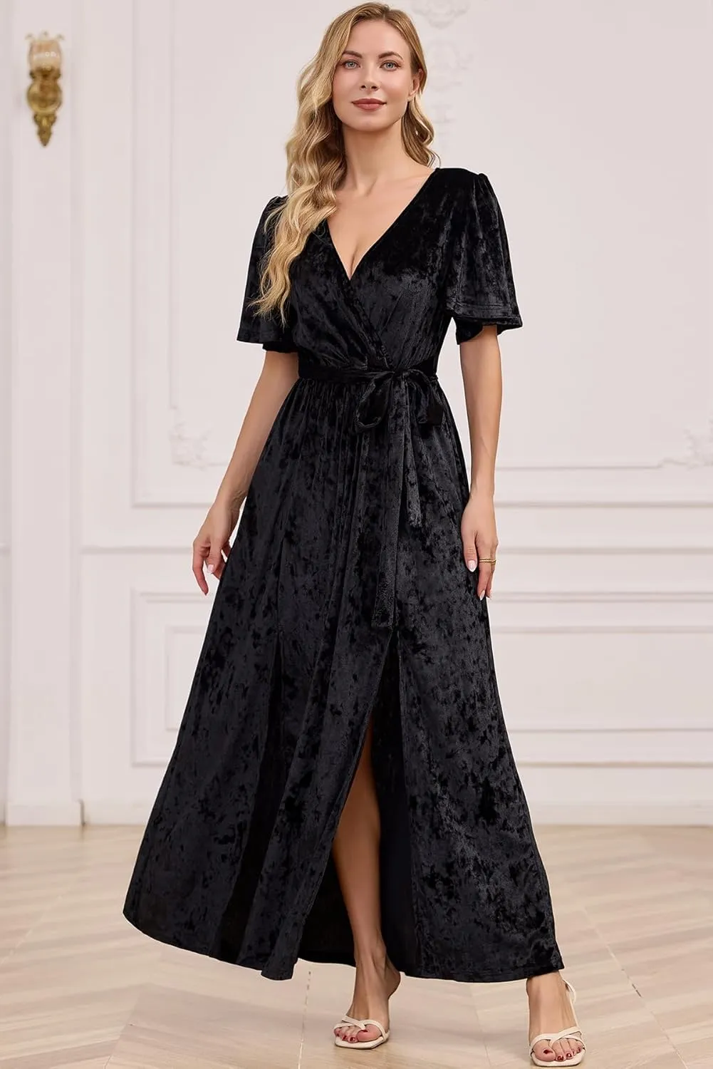 Women's V Neck Tie Strap Embroidered Lace Maxi Wedding Dress Boho Sleeveless V-Back Wedding Guest Party Dresses