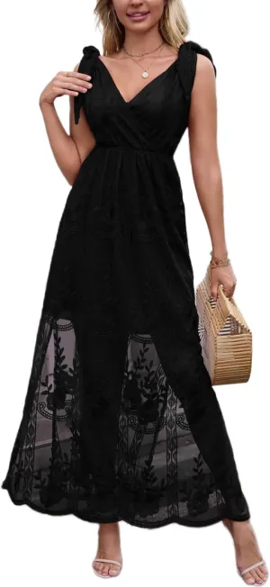 Women's V Neck Tie Strap Embroidered Lace Maxi Wedding Dress Boho Sleeveless V-Back Wedding Guest Party Dresses
