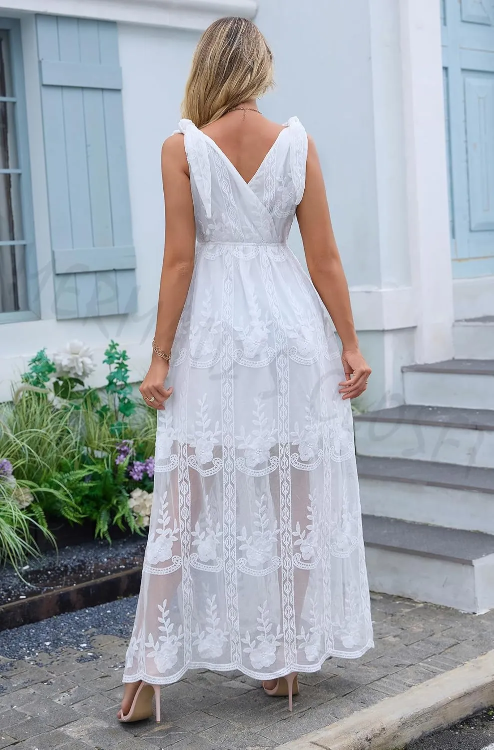 Women's V Neck Tie Strap Embroidered Lace Maxi Wedding Dress Boho Sleeveless V-Back Wedding Guest Party Dresses