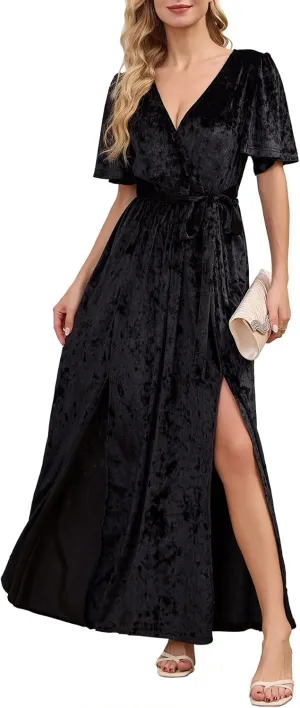 Women's V Neck Tie Strap Embroidered Lace Maxi Wedding Dress Boho Sleeveless V-Back Wedding Guest Party Dresses