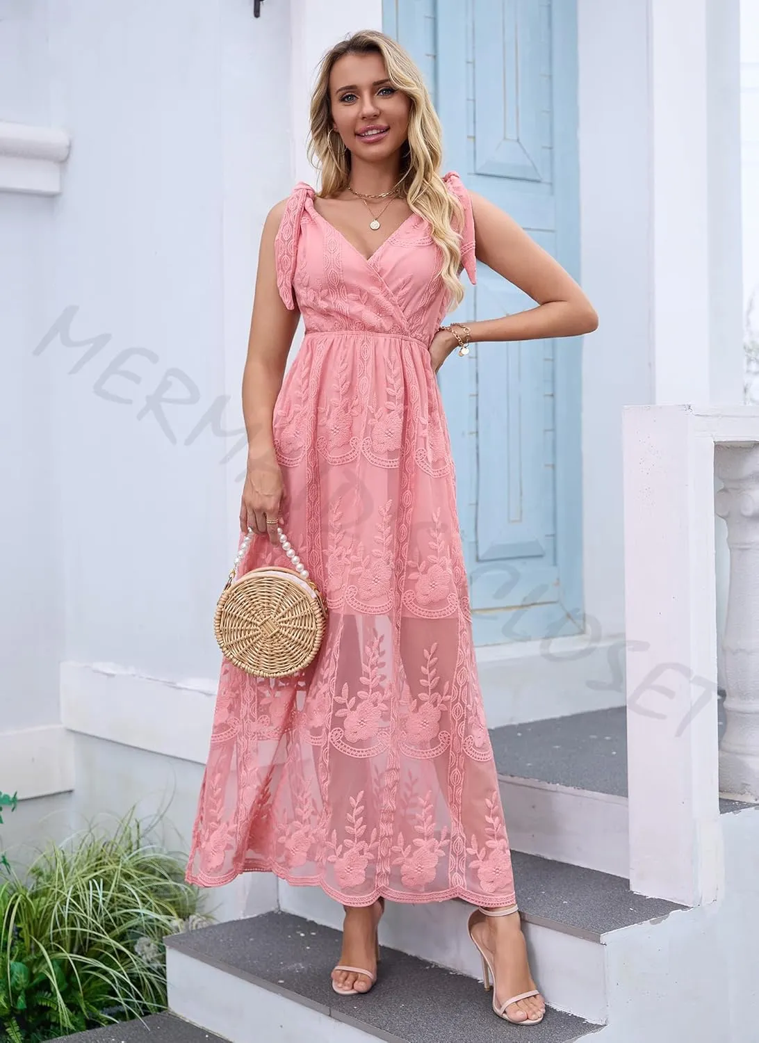Women's V Neck Tie Strap Embroidered Lace Maxi Wedding Dress Boho Sleeveless V-Back Wedding Guest Party Dresses