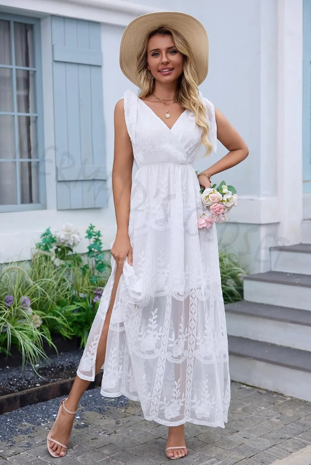 Women's V Neck Tie Strap Embroidered Lace Maxi Wedding Dress Boho Sleeveless V-Back Wedding Guest Party Dresses
